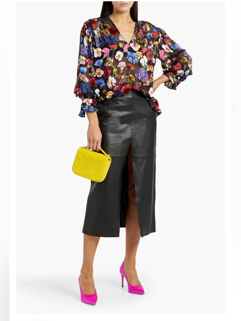 Alice + Olivia Onica Floral Print Fil Coupe Chiffon Blouse - Picture 2 of 12